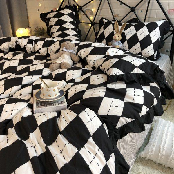 赫本风菱形格花边四件套仙女风春夏床品薄柔舒适被套简约条纹床单,床上用品,酒店床品套件,淘宝优惠券,粉丝福利购,淘宝优惠卷