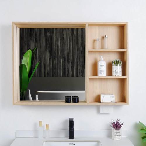 日式原木风浴室镜柜单独镜子卫生间挂墙简易置物架实木储物柜定制
