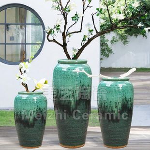 新中式插花陶缸摆件酒店大厅装饰品绿色陶罐现代大型陶瓷器高花瓶