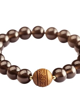 天然黑曜石手链男女檀木回纹手串冰种黑曜石男手串本W命年串珠饰