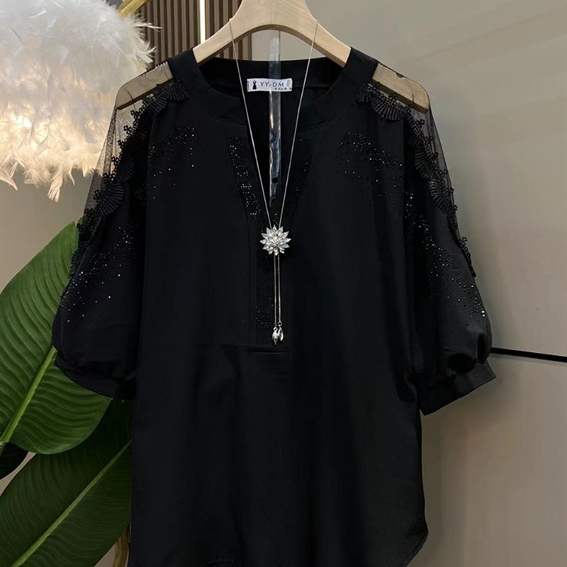 胖mm2023夏季新款大码女装洋气宽松百搭圆领钉珠亮片遮肉显瘦上衣