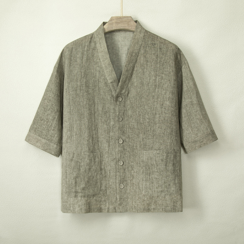 新款夏季斜襟棉麻唐装衬衫中国风男装汉服V领半袖茶服薄款居士服