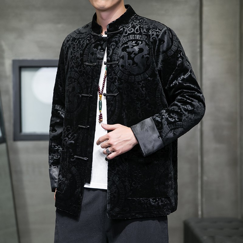 中式复古风休闲春秋唐装外套中国风男装宽松大码金丝绒中山装夹克