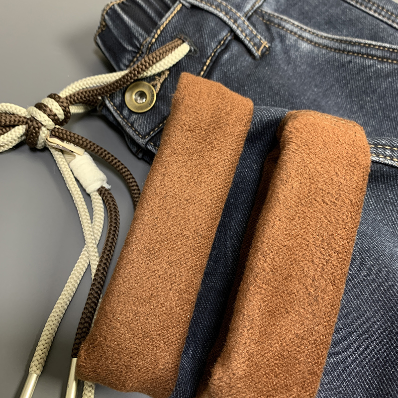 冬季加绒加厚牛仔裤男o宽松高腰橡筋抽绳弹力小脚休闲男裤潮哈伦