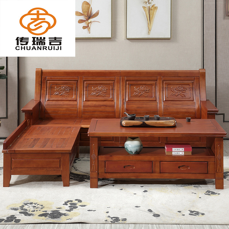 香樟木沙发组合客厅家具中式仿古雕花储物沙发全实木转角贵妃沙发