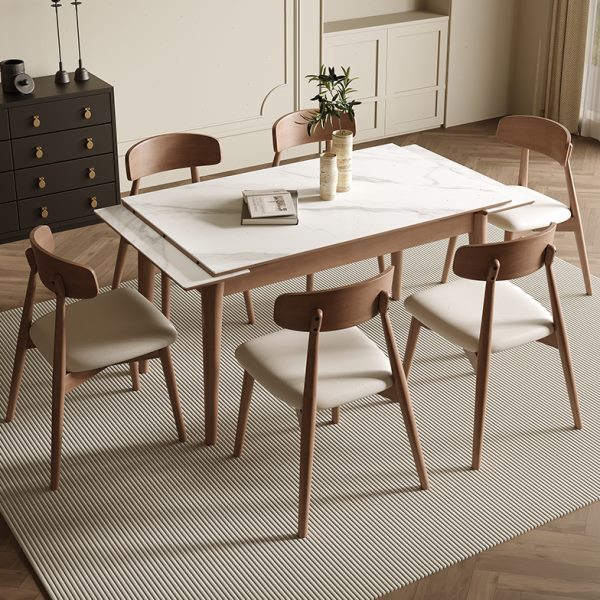 中古风可伸缩折叠德利丰岩板餐桌简约小户型长方形实木胡桃色饭桌