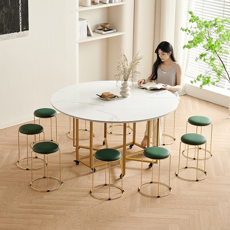 小户型岩板折叠餐桌家用圆形吃饭桌简约现代可P收纳餐桌椅组合圆