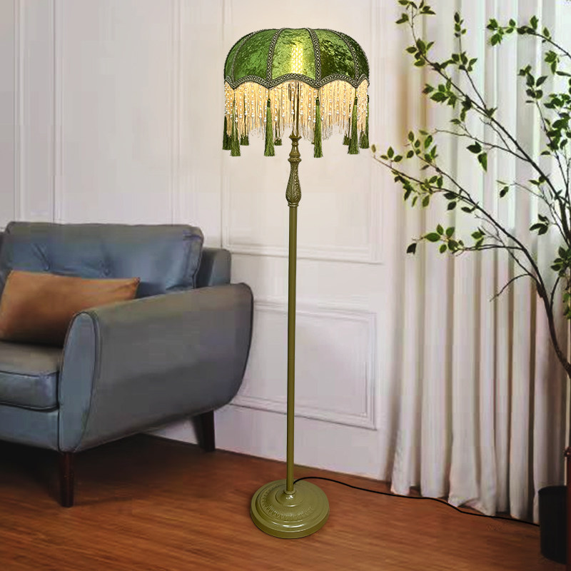 欧式田园复古流苏珠子灯罩落地灯客厅装饰卧室沙发氛围中古书房