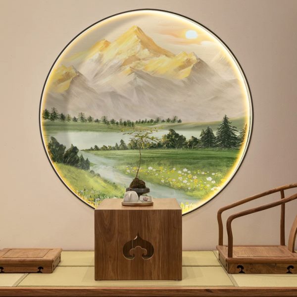 日照金山玄关装饰画圆形餐厅山水风景走廊过道壁纸北欧正对门墙画图片