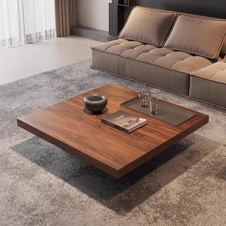 意式极简正方形茶几实木高级设计师款简约复古胡桃木纹中古风茶几