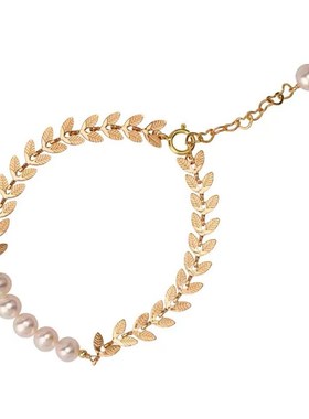 淡水珍珠月桂枝手链金属质感y柳叶设计月桂叶珠子女生异形麦穗