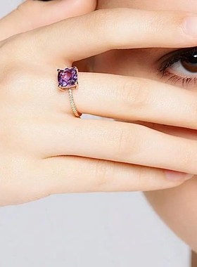 仿天然紫水晶镀S925银戒v指风公主方钻微镶指环招财招桃花气质时