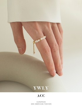 欧美小众天然真珍珠链条可调节高C级感戒指复古气质个性设计感饰