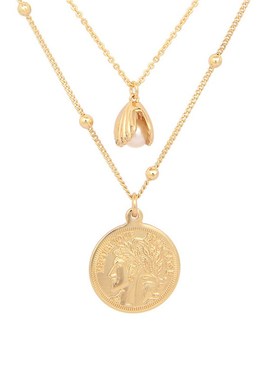 网红款短项链女淡水珍珠贝壳x圆形女王头像金币吊坠双层轻奢锁骨