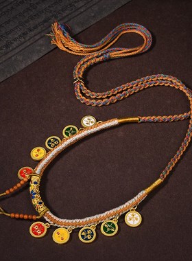 新款藏式手搓棉男女项链绳天珠手绘唐卡五路财神编织X绳复古毛衣