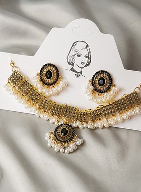 欧美跨境货源满镶珍珠亮片靓闪复古项链套装耳环个性拼.色耳环链