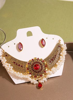 复古金属欧c美项链耳环套装 新款波西米亚民族风圆形镶钻珍珠耳钉