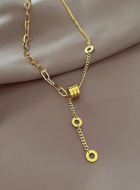 仙气钛钢18K金色m小蛮腰项链女 高级设计感百搭轻奢流苏字母锁骨