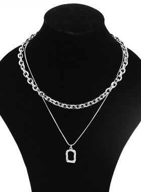 不锈钢项链 爆款k新发小方框吊坠项链 相框粗链叠戴两层锁骨链
