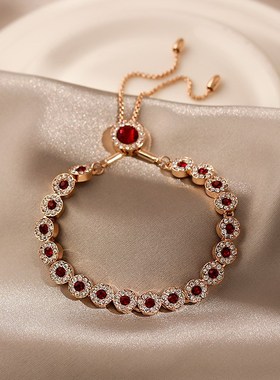 玫瑰金红水晶复古手链女ins小众D设计简约冷淡风手镯韩版网红手饰