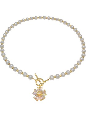 韩版时尚小清新锆石高亮项链珍珠颈链女气质M甜美风花朵OT扣锁骨