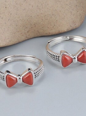 【蝴蝶结】仿南i红玛瑙戒指女时尚简约韩版小众设计开口食指指环