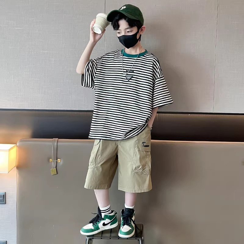 男童夏季薄款条纹短袖短裤套装潮