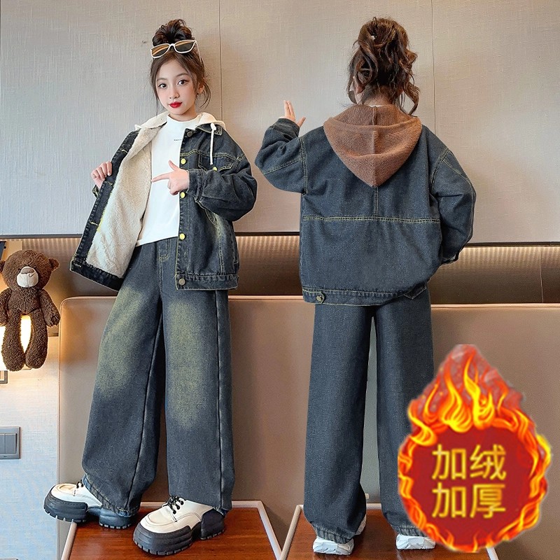 奥莱女童牛仔套装2026新款洋气百搭儿童秋冬外套加绒加厚两件套潮