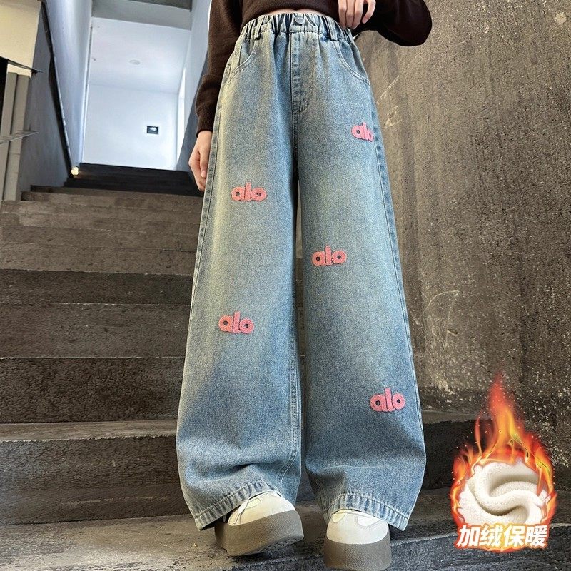 奥莱潮牌女童牛仔裤2026新款秋冬大童一体绒直筒裤洋气百搭阔腿裤