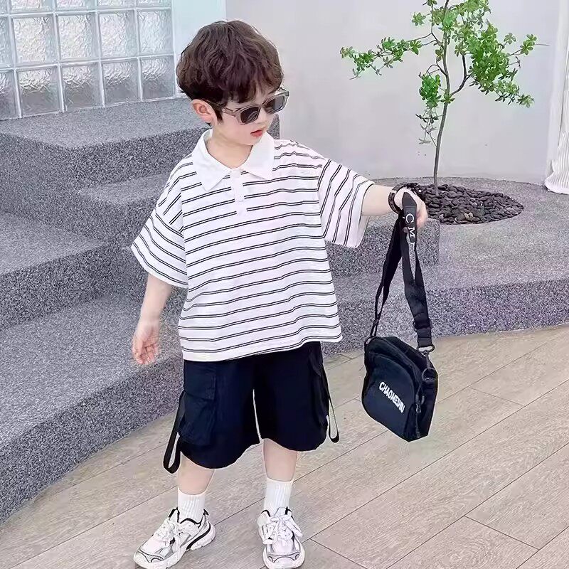 奥莱男童短袖套装2026夏新款条纹polo衫帅气时髦工装儿童两件套潮
