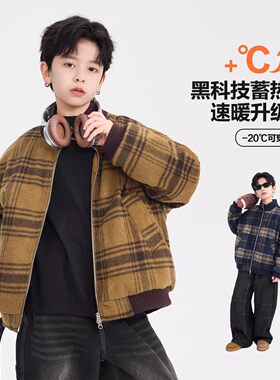 男童加厚白鸭绒立领格子羽绒服