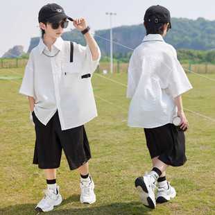 奥莱男童夏装套装2026新款中大童夏季薄款短袖男孩洋气衬衫两件套