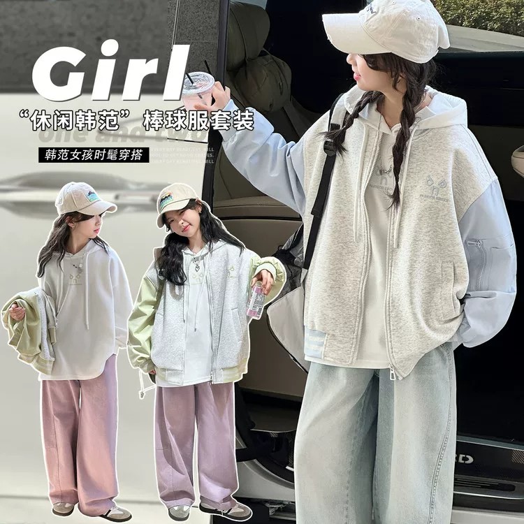 女童超火拼色棒球服套装2026新款