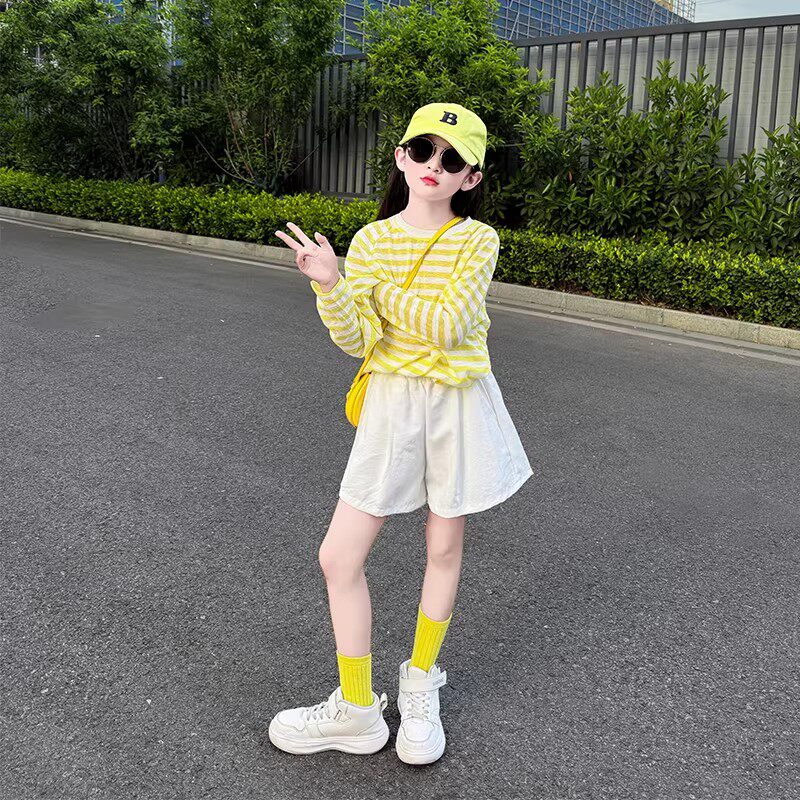 奥莱女童夏装防蚊长袖薄款海边度假防晒衣女宽松上衣短裤两件套潮