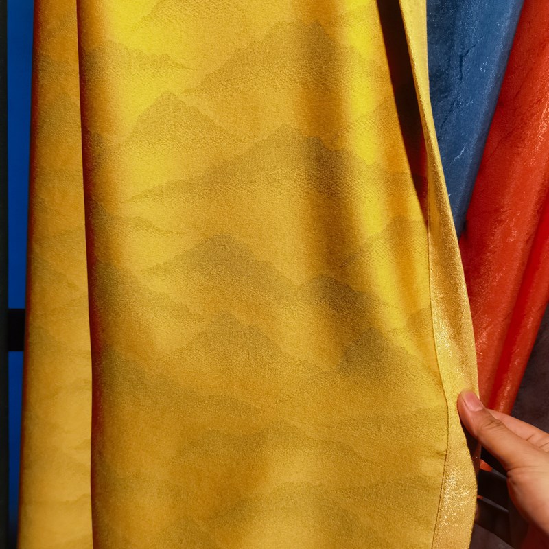 金色窗帘布料高档中式山水画全遮光卧室客厅书房定制佛堂庙宇