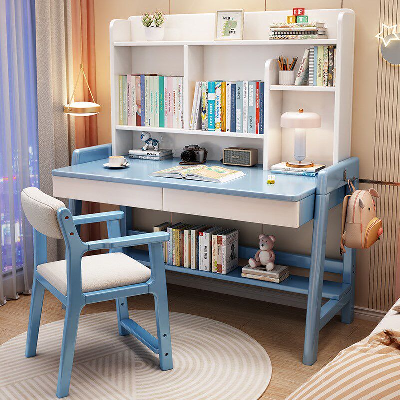 儿童学习桌家用简约现代书桌书架一体桌中小学生可升降写字台书椅