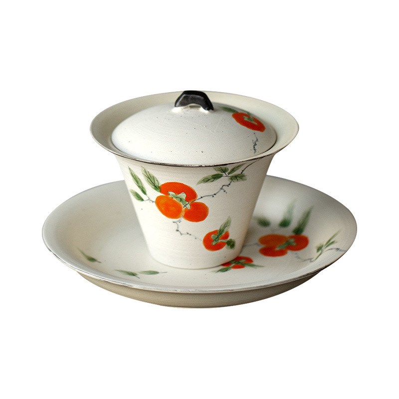 中式粉引三才盖碗复古风陶瓷茶具手绘柿子泡茶碗盖碗防烫马蹄盖碗