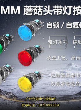 正品永前电气 永乾按钮(LAS1)LA128AY-11DM蘑菇头带灯钮 16mm 5脚