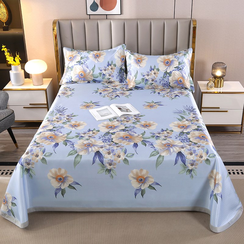 夏季提花冰丝席床单式三件套夏天凉席田园风可机水洗折叠空调软席