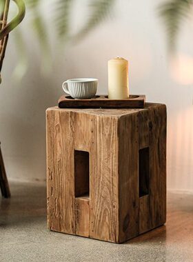 老松木开孔方形边几茶台复古做旧侘寂风实木民宿客厅小茶几高级感