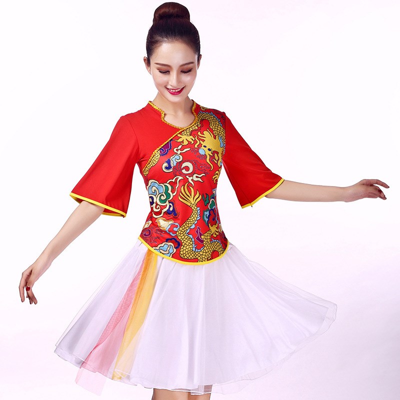 2021广场舞服装新款套装舞蹈演出服成人跳N广场舞服装秧歌服扇子