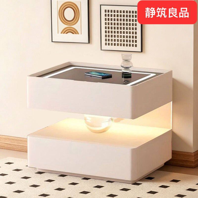 奶油风悬浮水晶球床头柜现代简约带灯网红创意轻奢智能卧室床边柜