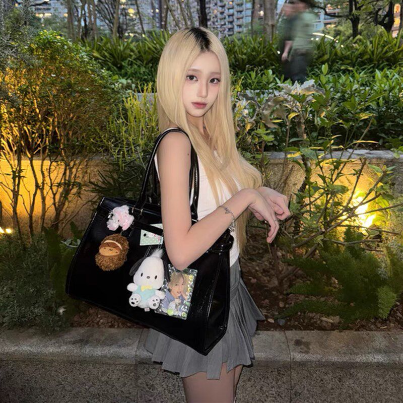 黑色油蜡皮大容量托特包追星女孩演唱会藏相机支架手提包应援包