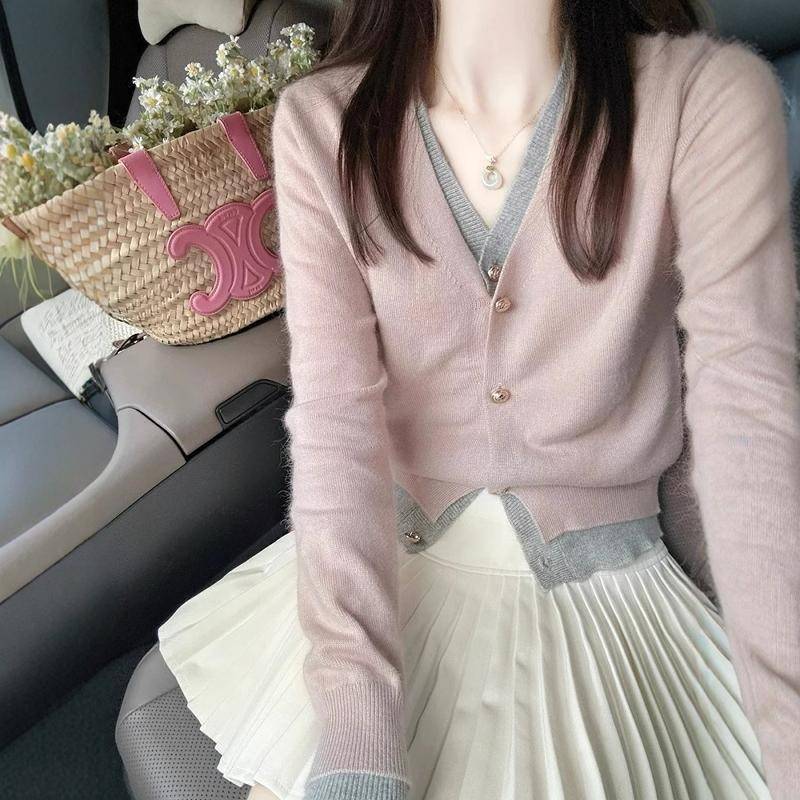 系小香风假件粉色v领两针织开衫女春26822秋计设感短款韩毛衣外套