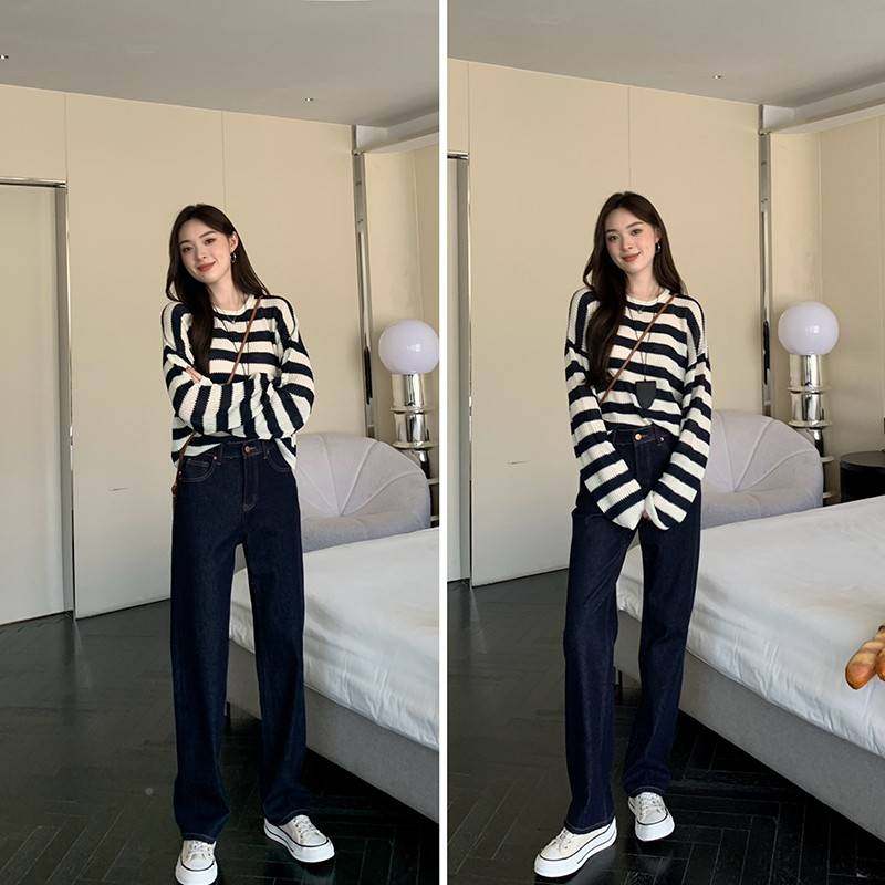 入榜名~必蓝色直牛筒仔裤女春秋2025OIU年新款宽松显瘦阔腿深裤
