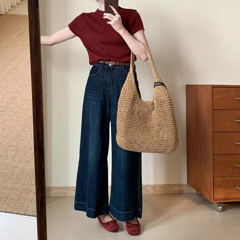 大牌搭高腰复古裤2百025春子季款百搭休闲简约风LHQ直筒微喇长裤