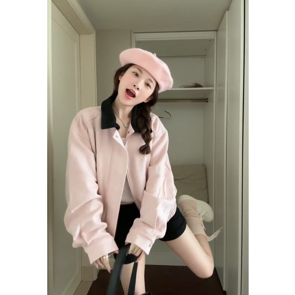 韩系色麂皮秋小短香风外套女春2025新款美式款粉RA14278小众夹克