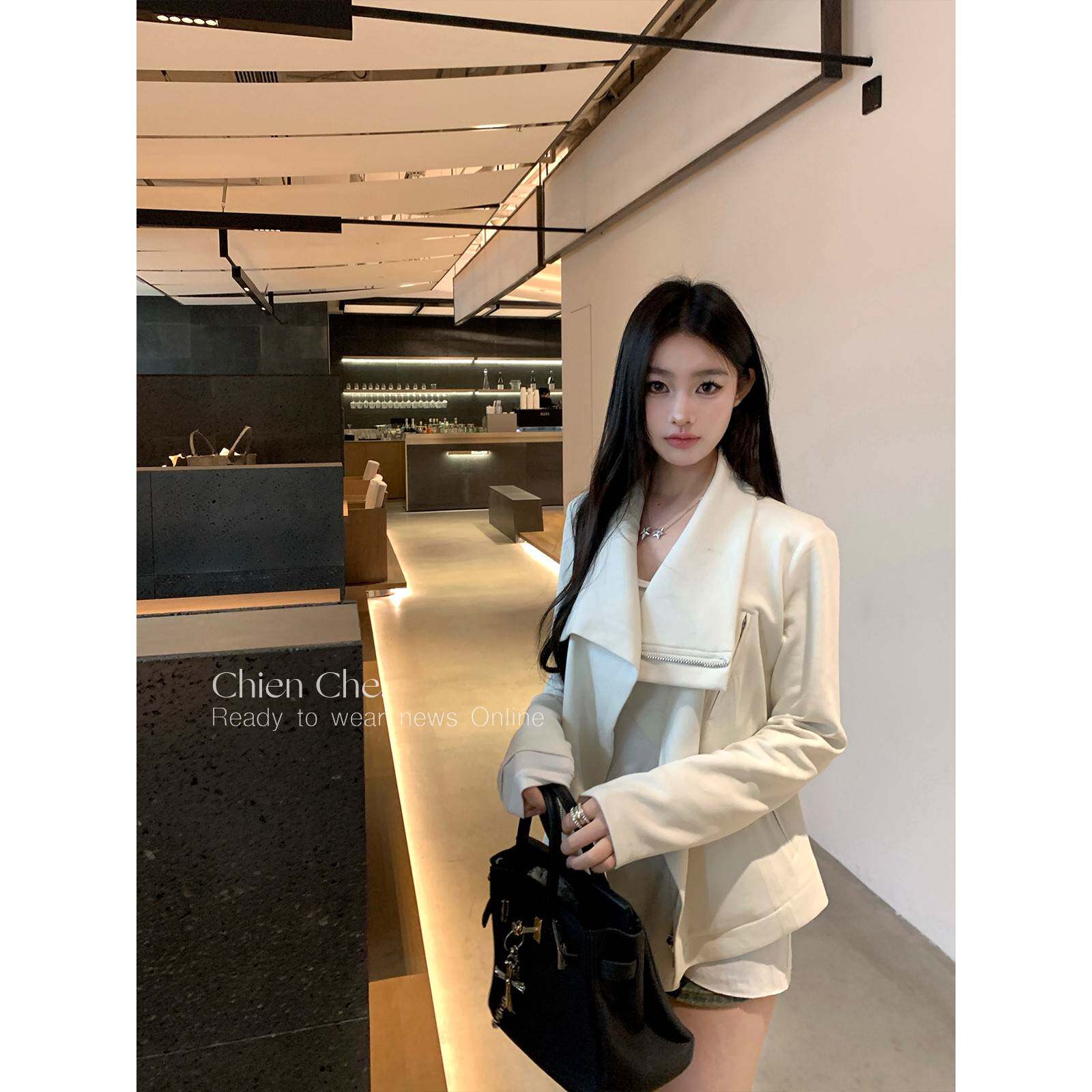 车迟/恩Chien秋季棉拉链短C230619外套黑色长袖上衣力弹开衫翻立