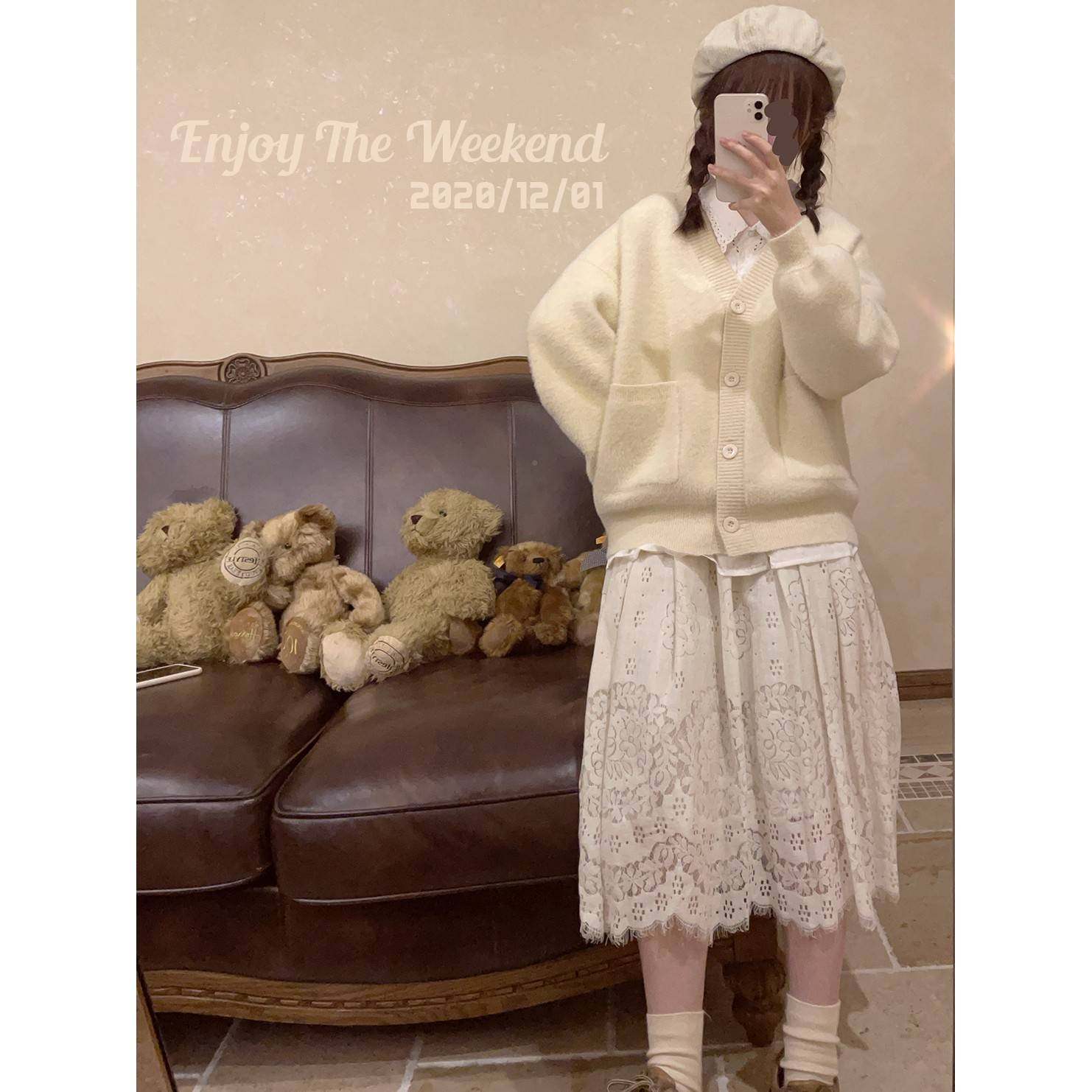 仿貂绒 绒甜美少基女 色毛 础白百NMZ搭 宽松纯色 毛衣开衫 外套