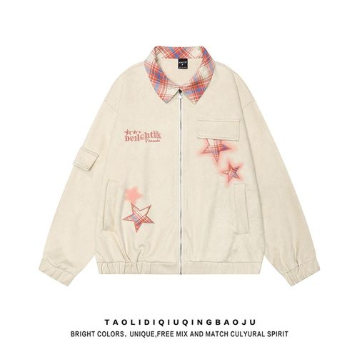 衫美式星复古星刺EZW绣撞色拉链开外套女秋新款宽春松bf潮牌夹克